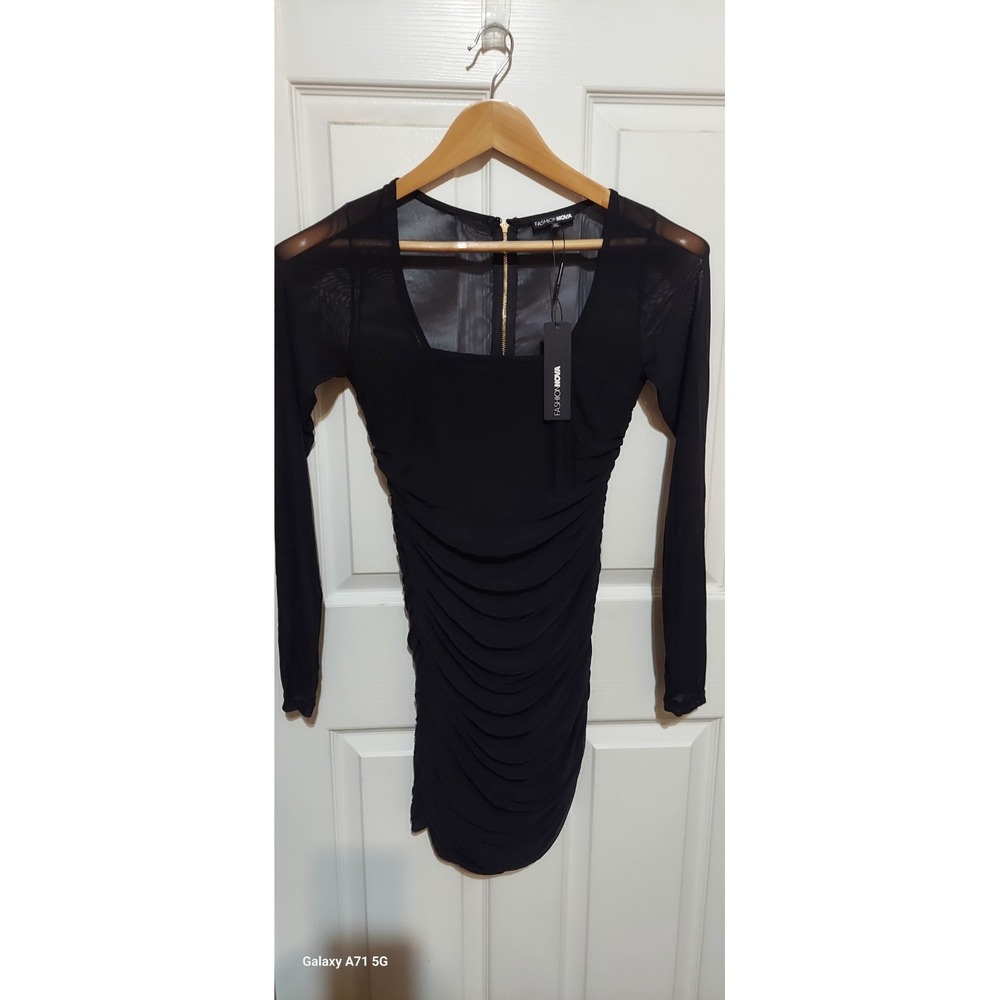 Fashion Nova Oh So Fresh Mini Dress Black Ruched Mesh Long Sleeve‎ NWT Size L